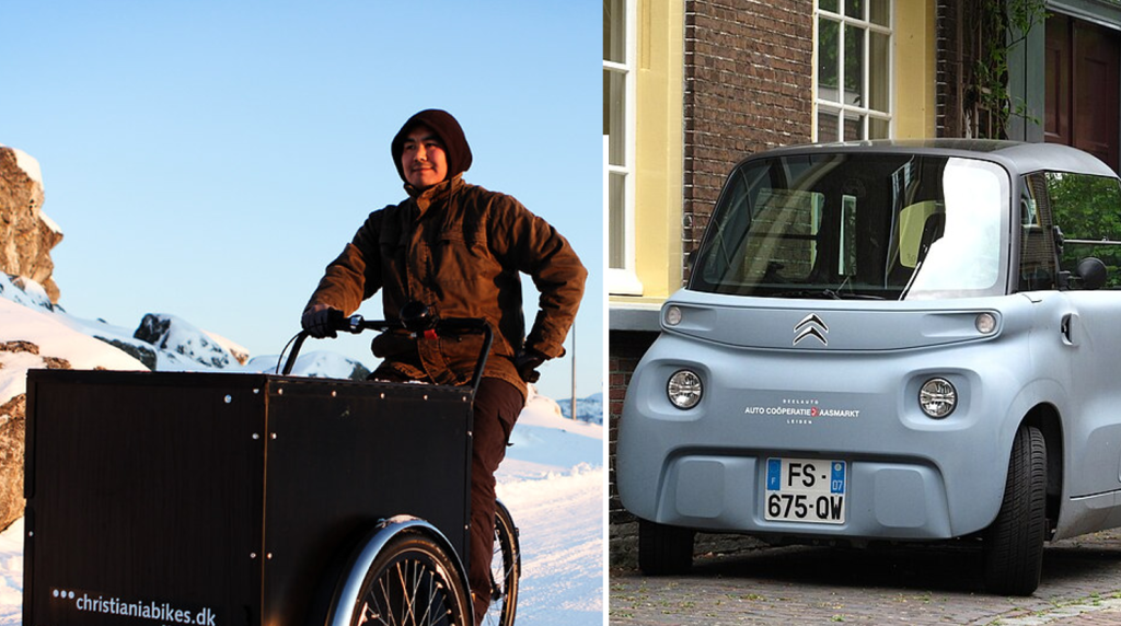 Deux véhicules intermédiaires différents : un vélo-cargo et une voiturette.